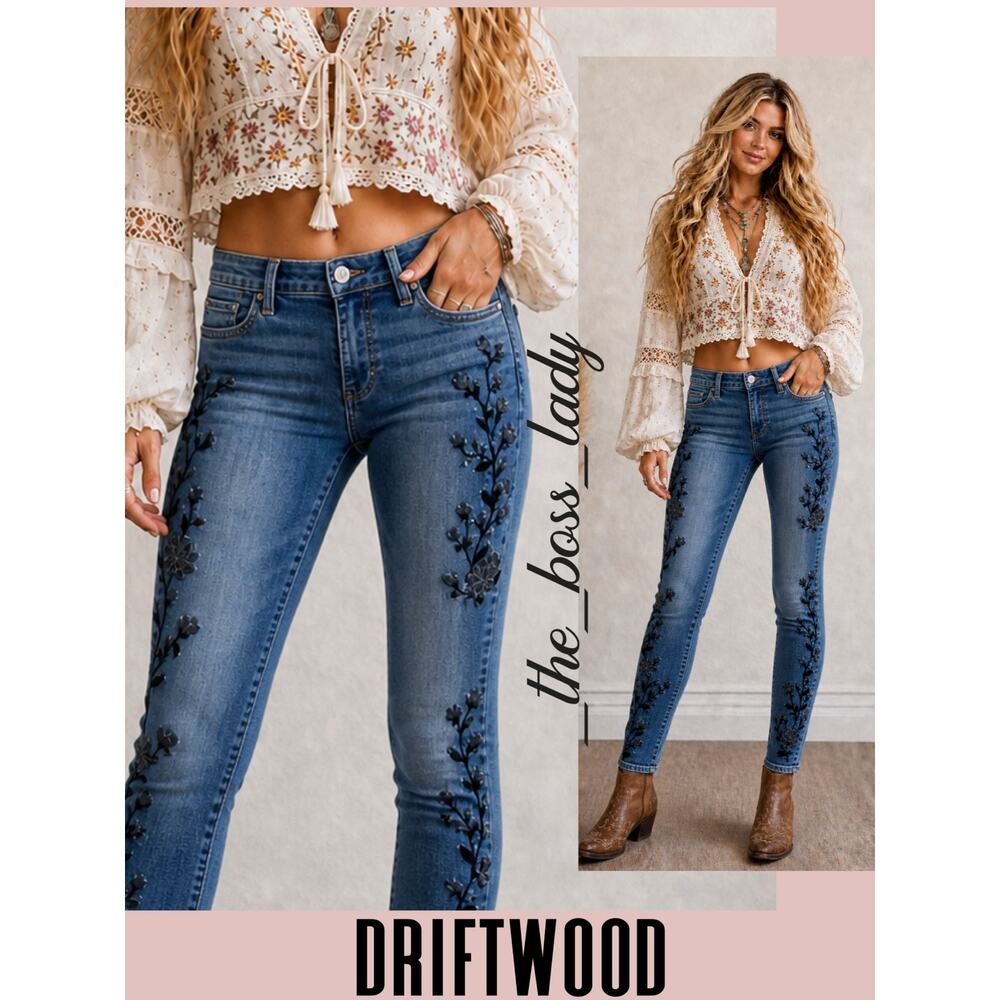 Driftwood x Free People skinny jeans floral embroidery denim pants boho 26